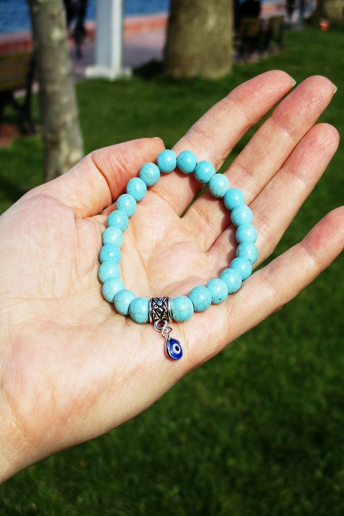 Tekli Nazar Boncuklu Turkuaz Doğaltaş Bileklik - Görsel 3