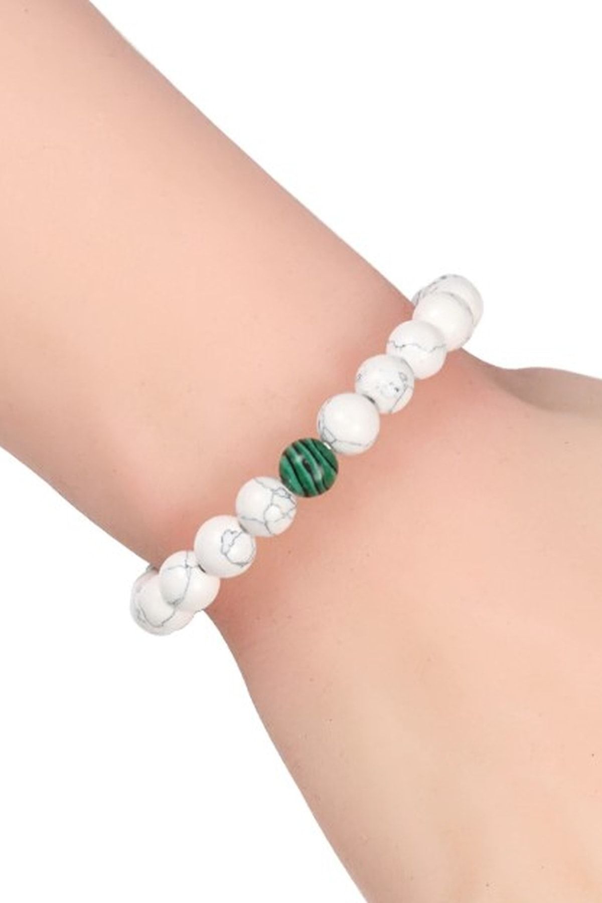 Yeşil Malahit Taşlı Beyaz Havlit Doğaltaş Kadın Bileklik