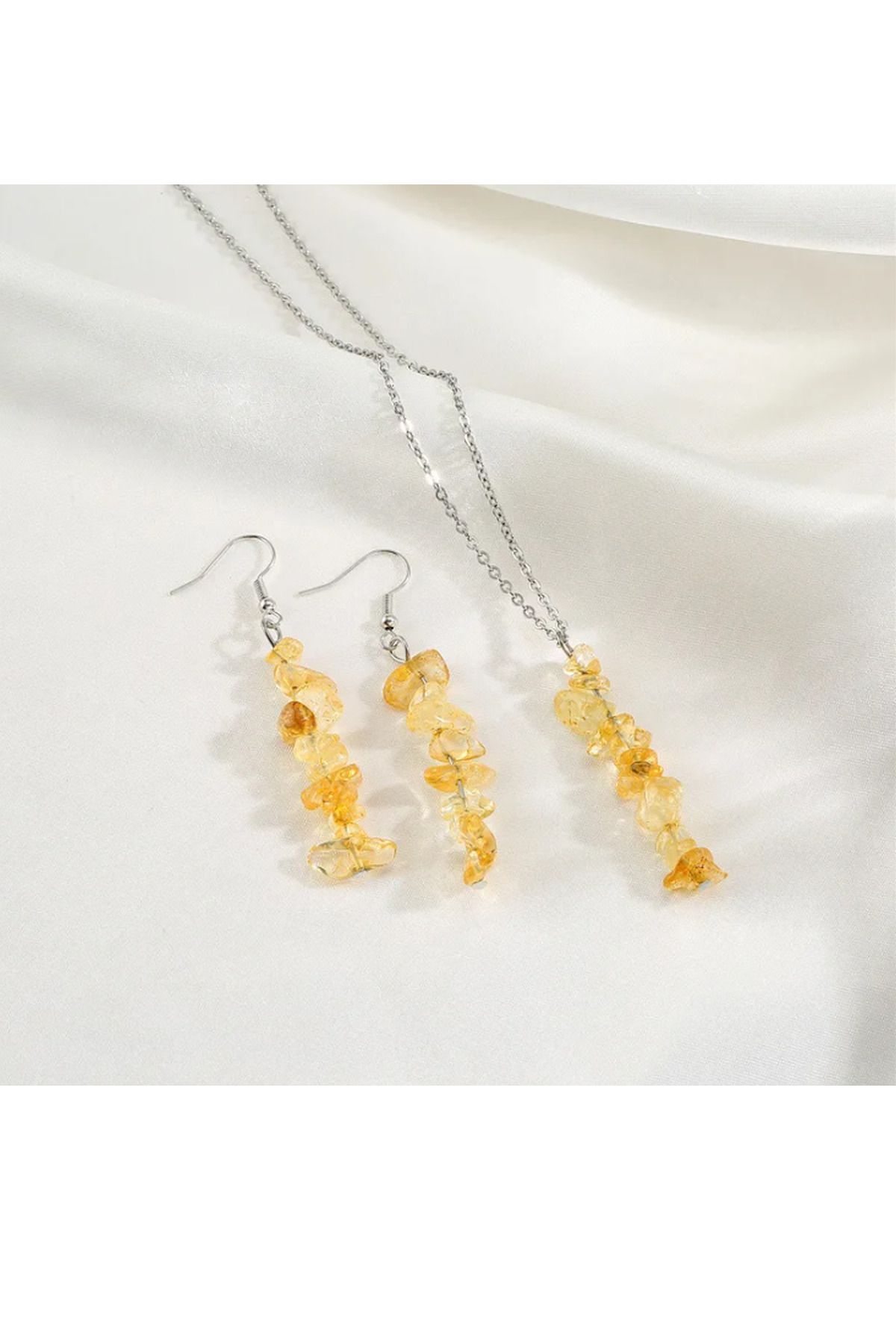 Sitrin Doğaltaş Kolye ve Küpe Seti (Para Taşı)