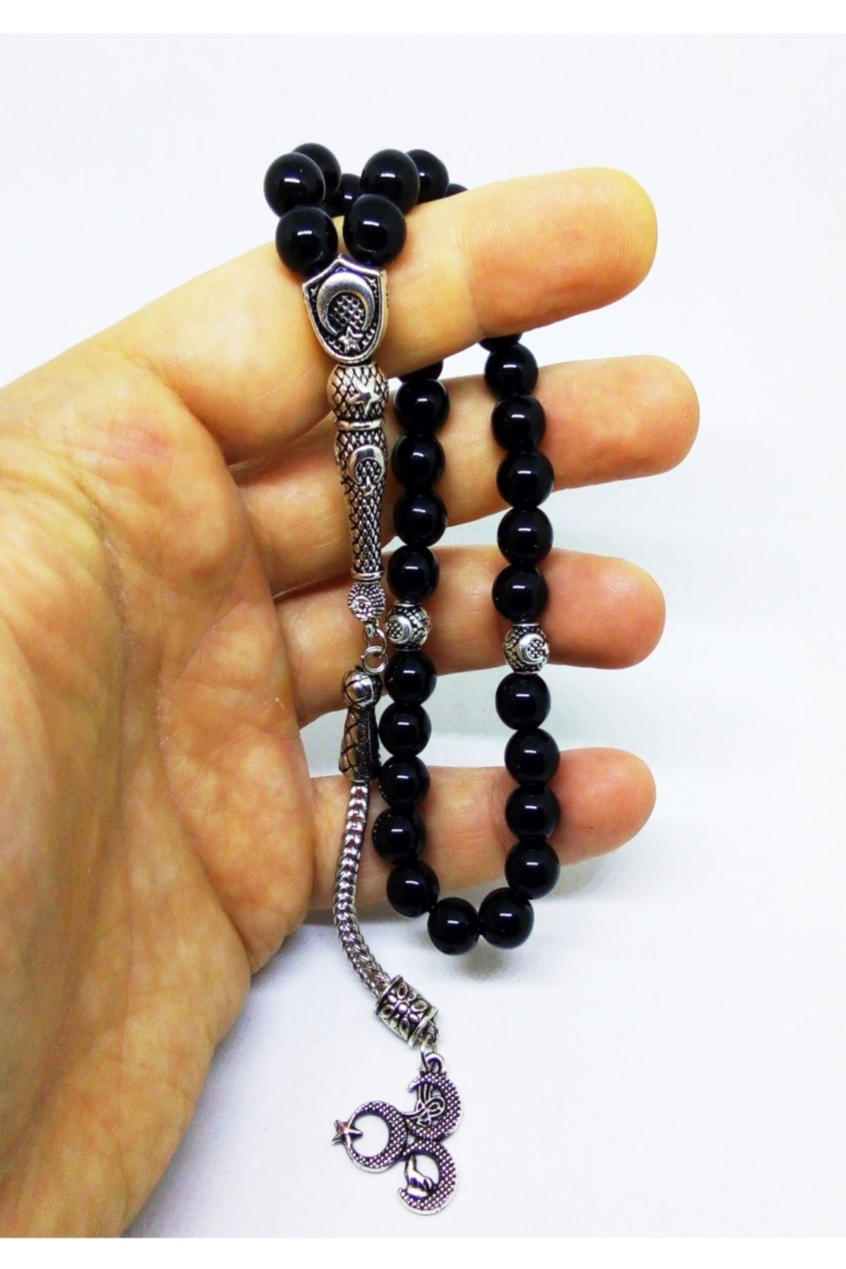 3 Hilal Püsküllü Oniks Doğaltaş Tesbih