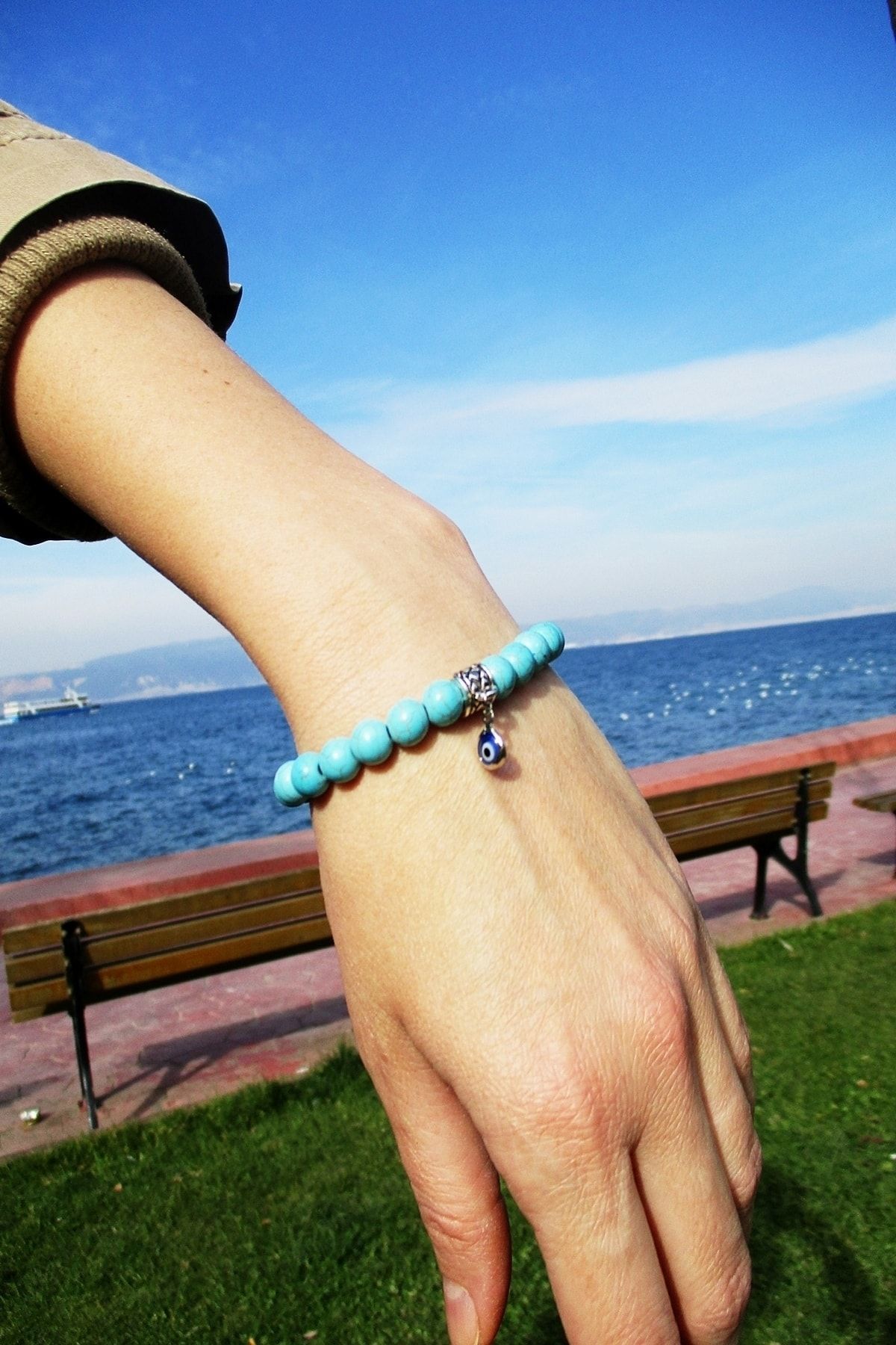 Tekli Nazar Boncuklu Turkuaz Doğaltaş Bileklik - Görsel 2