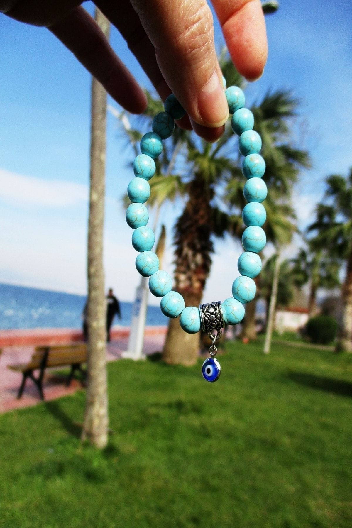 Tekli Nazar Boncuklu Turkuaz Doğaltaş Bileklik