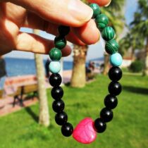 Kalp Figürlü Oniks Malahit Turkuaz Kadın Doğaltaş Bileklik