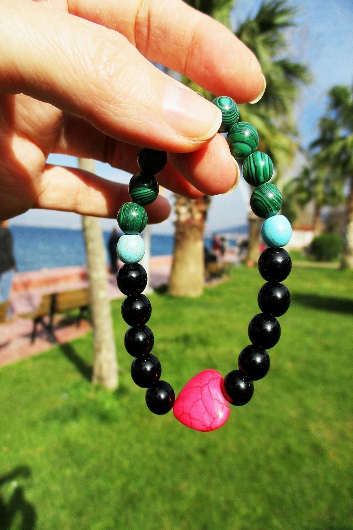 Kalp Figürlü Oniks Malahit Turkuaz Kadın Doğaltaş Bileklik