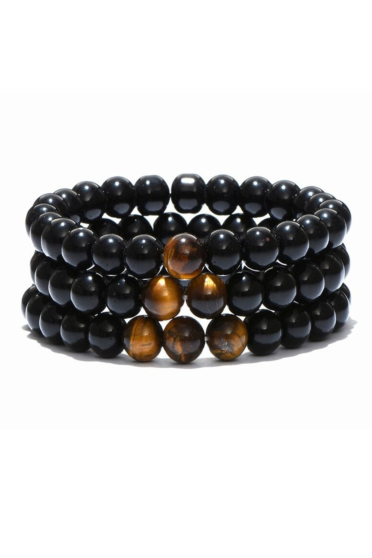 Üçlü Parlak Oniks Kaplangözü Taşlı Erkek Doğaltaş Bileklik Set