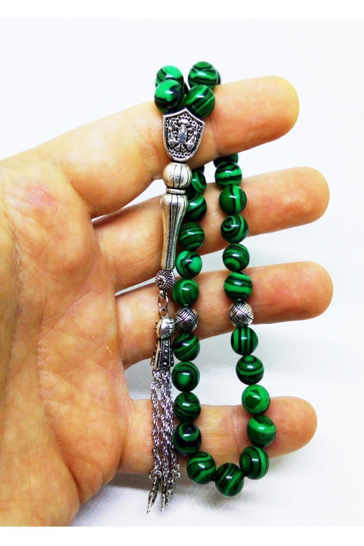 Yeşil Malahit Doğaltaş Tesbih Çift Başlı Kartal Püsküllü - Görsel 2