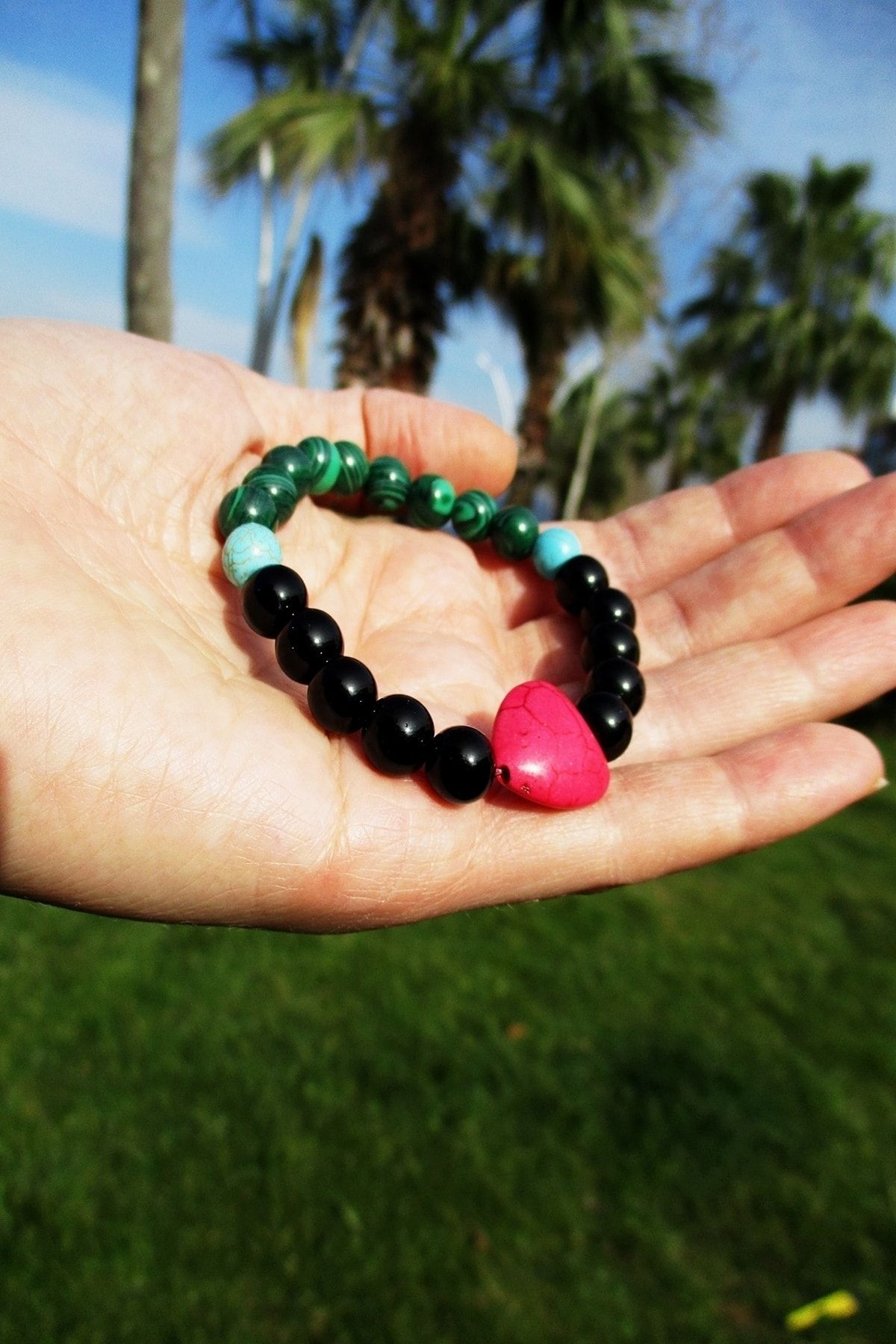 Kalp Figürlü Oniks Malahit Turkuaz Kadın Doğaltaş Bileklik - Görsel 2