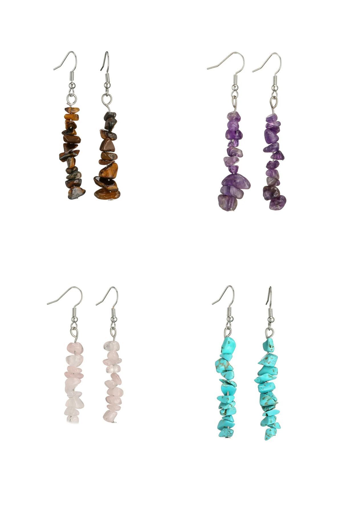 4lü Doğaltaş Küpe Seti (Kaplangözü-Ametist-Pembe Kuvars-Turkuaz) - 4 Çift Küpe