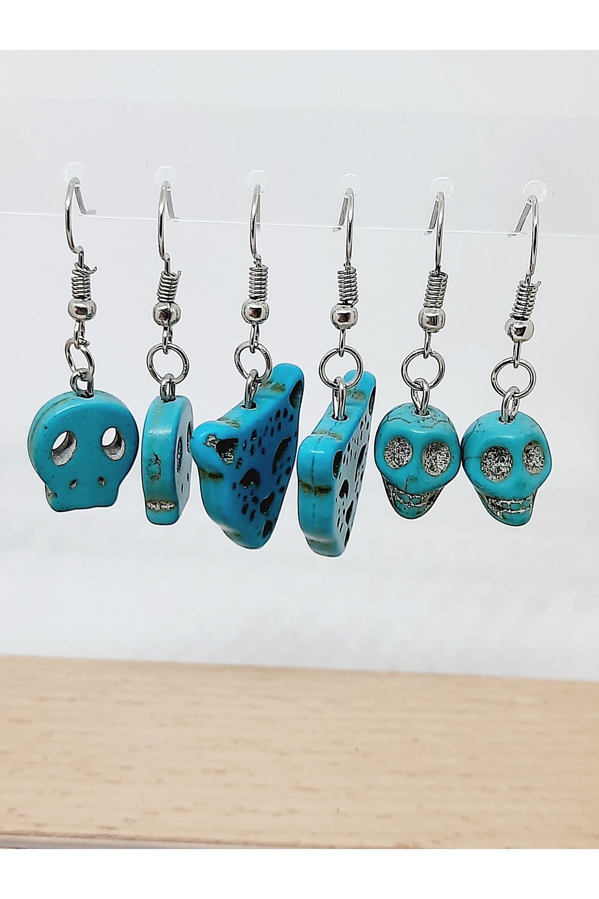 3lü Turkuaz Sallantılı Küpe Seti (Kurukafa-Kaplan)