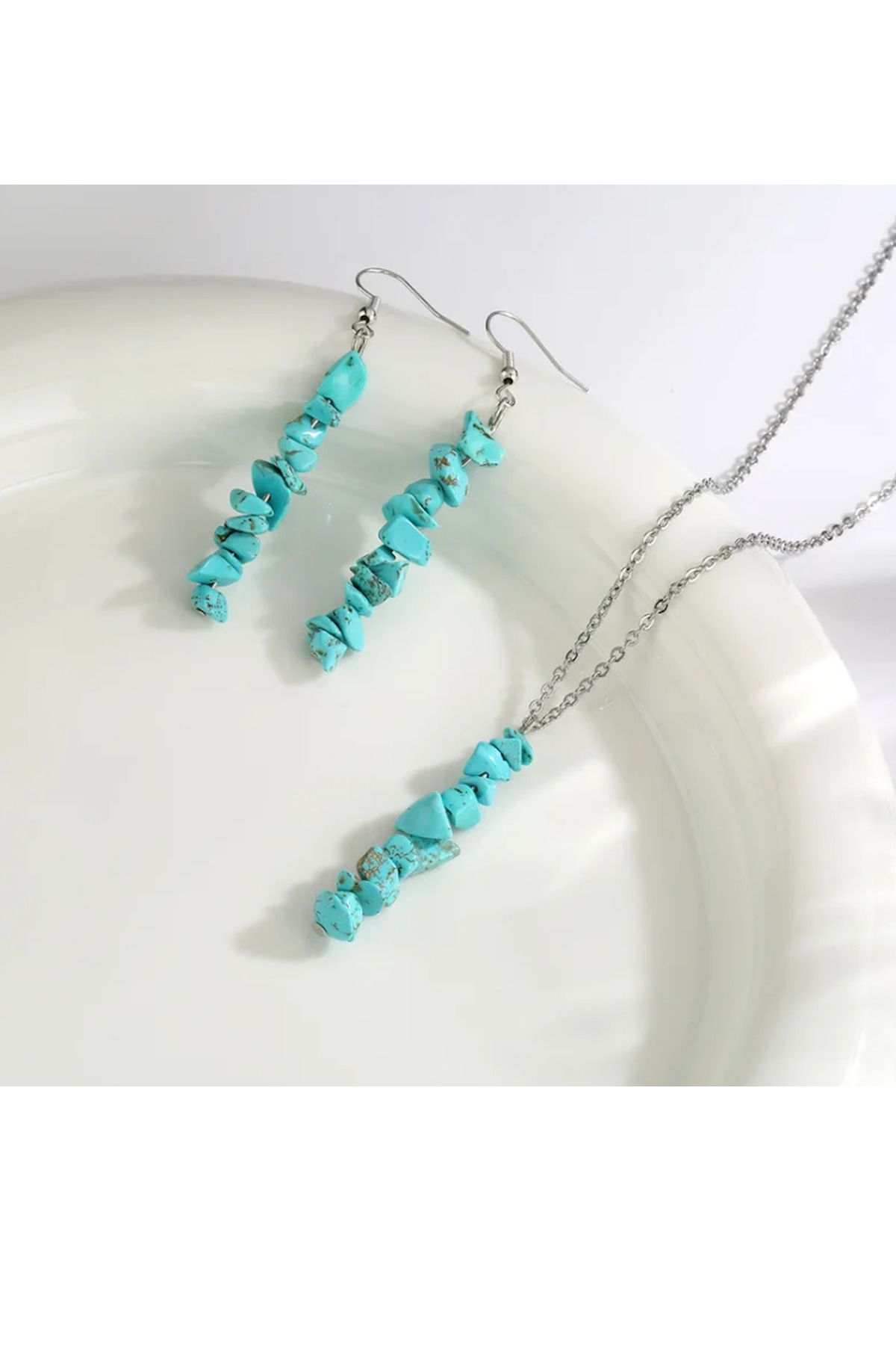 Turkuaz Firuze Doğaltaş Kolye Ve Küpe Seti