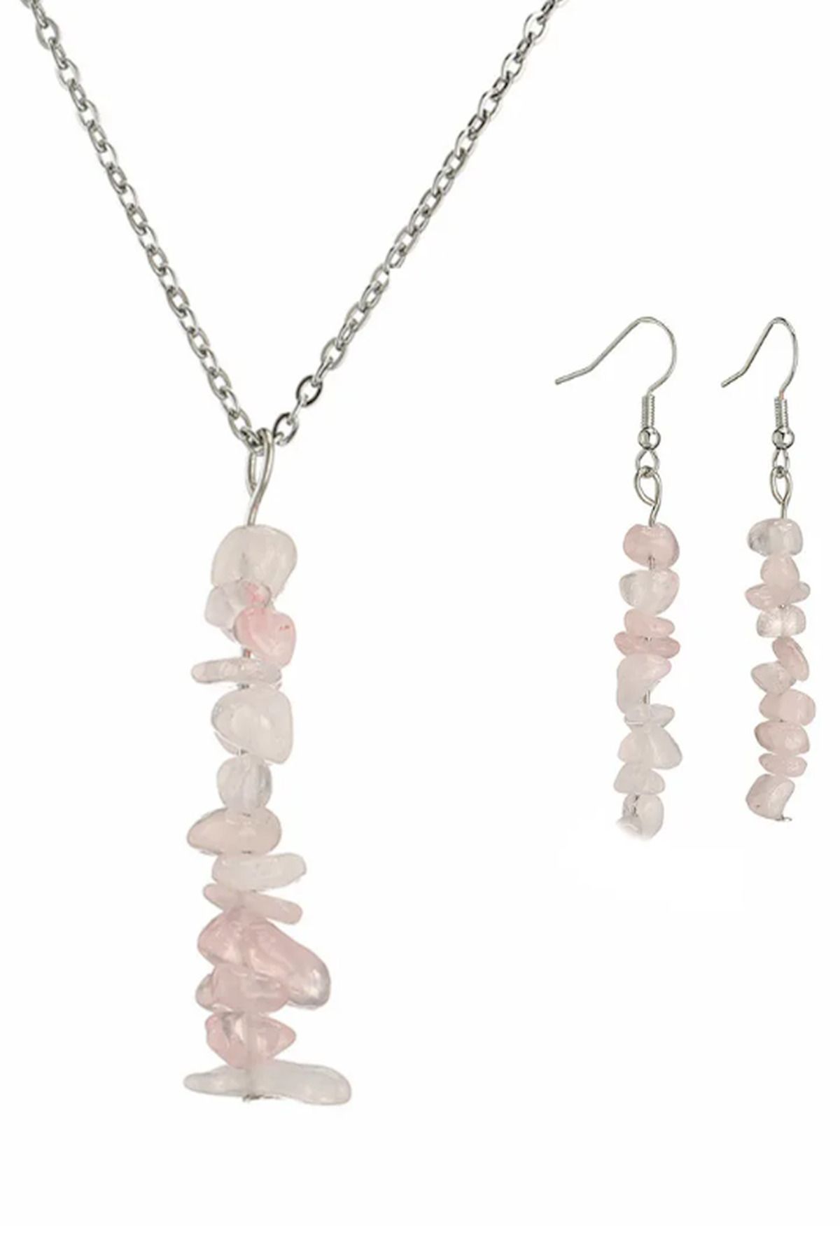 Pembe Kuvars Doğaltaş Kolye Ve Küpe Seti (Aşk Taşı)