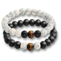 Unisex İkili Kaplangözü Beyaz Havlit-Oniks Doğaltaş Bileklik 72423BL