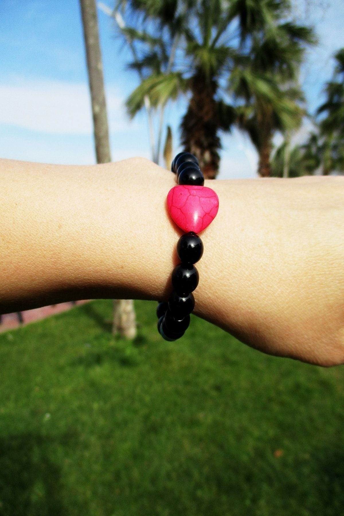 Kalp Figürlü Oniks Malahit Turkuaz Kadın Doğaltaş Bileklik - Görsel 3