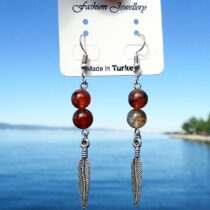 Kahverengi Alacalı Örümcek Akik Doğaltaş Tüy Figürlü Küpe