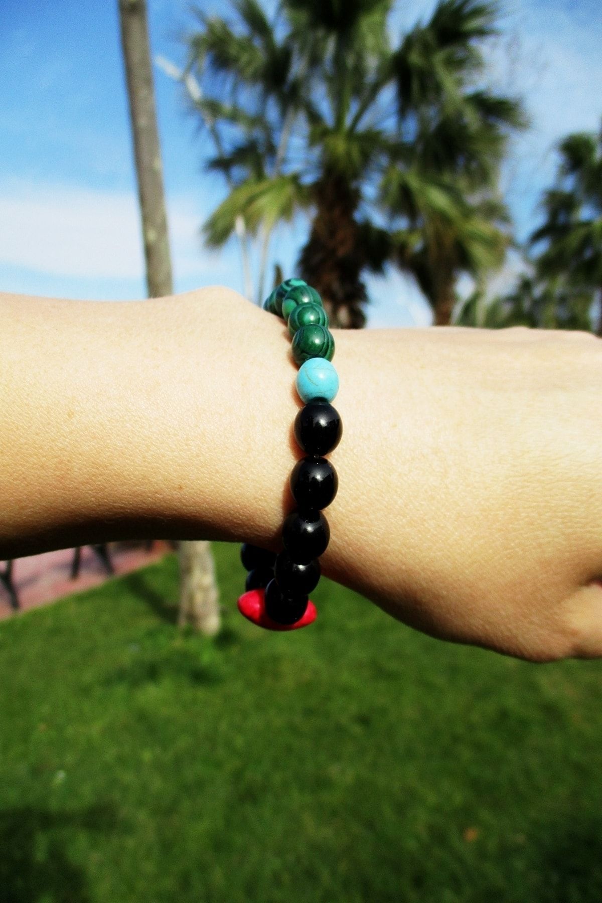 Kalp Figürlü Oniks Malahit Turkuaz Kadın Doğaltaş Bileklik - Görsel 4