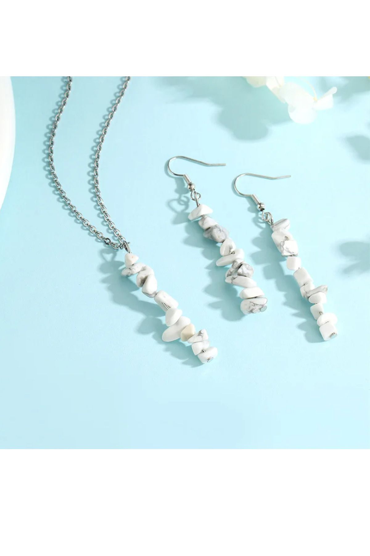 Beyaz Havlit Doğaltaş Kolye ve Küpe Seti