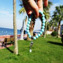 Nazar Boncuklu Küçük Fil Figürlü Sallantılı Turkuaz Doğaltaş Kadın Bileklik