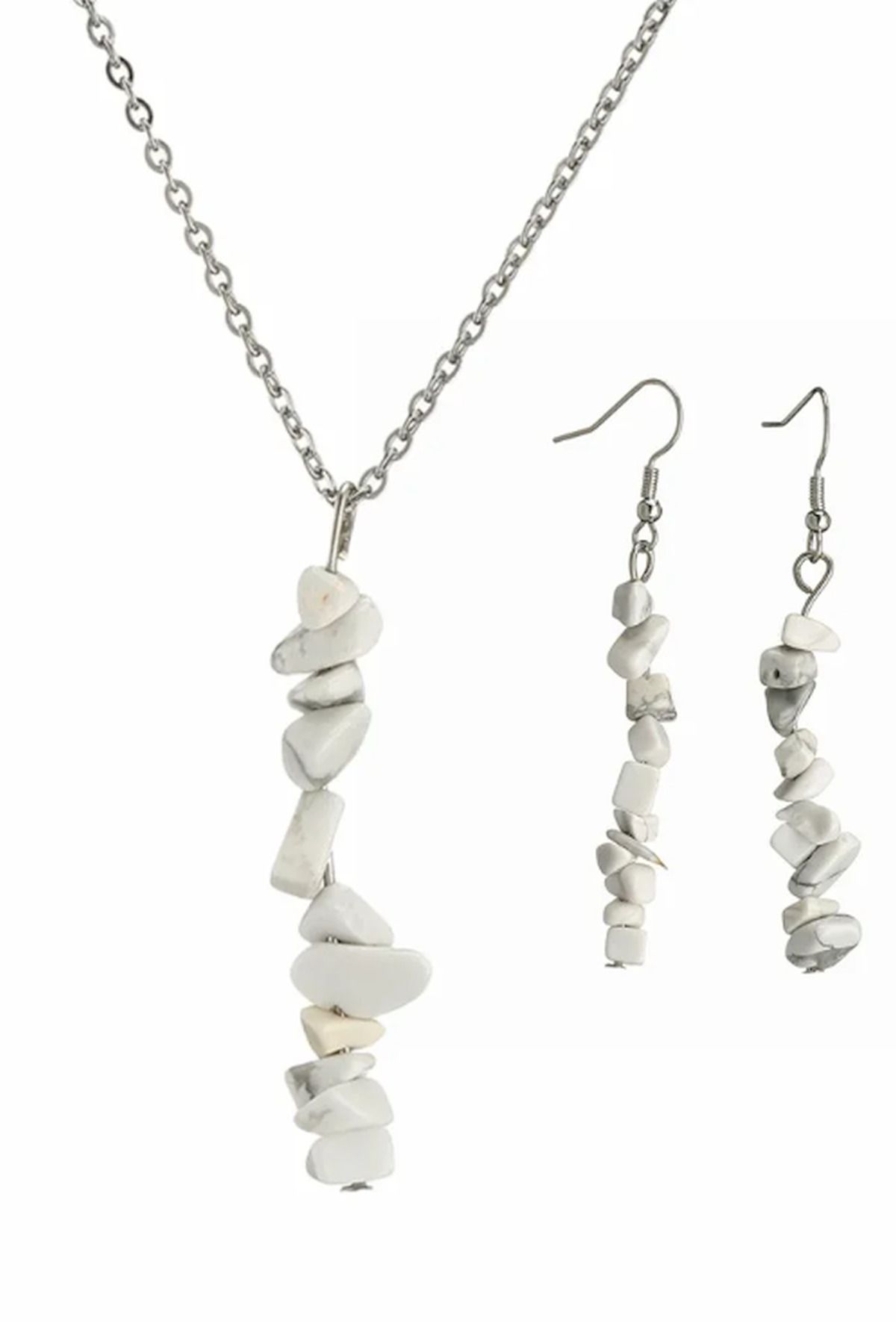 Beyaz Havlit Doğaltaş Kolye ve Küpe Seti - Görsel 2