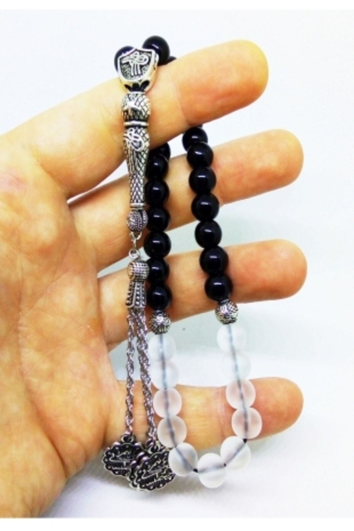 Tuğra Püsküllü Buzlu Kuvars Parlak Oniks Doğaltaş Tesbih