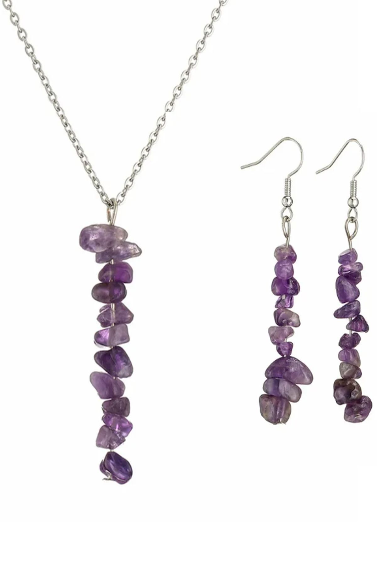Mor Ametist Doğaltaş Kolye ve Küpe Seti